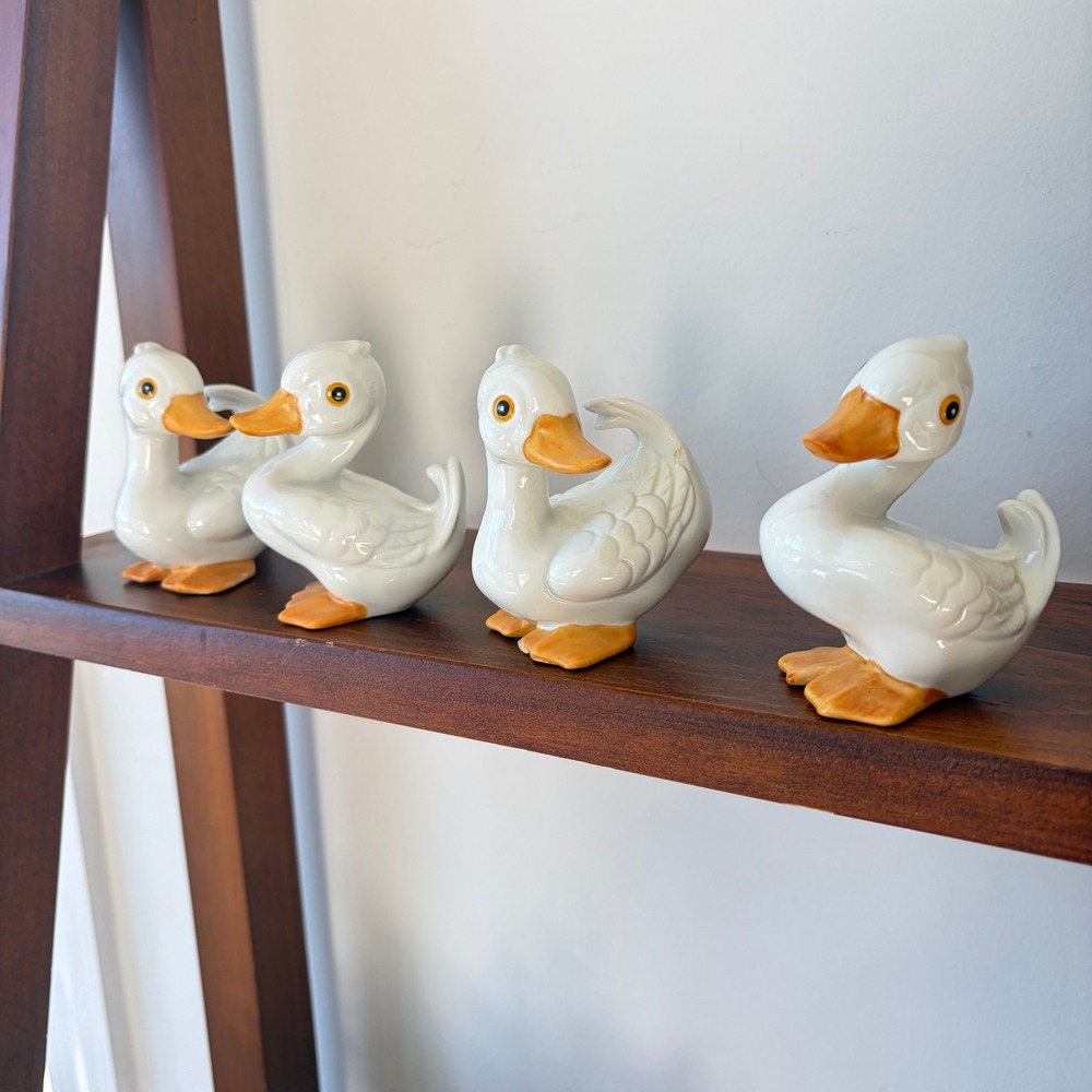 Vintage Ceramic Duck Figurines Set of 4 White Orange Farmhouse Decor 3.5 Inch